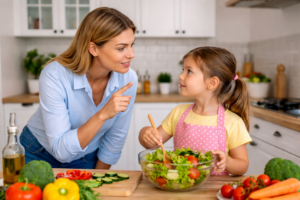 child helping prepare food safely with parent in kitchen