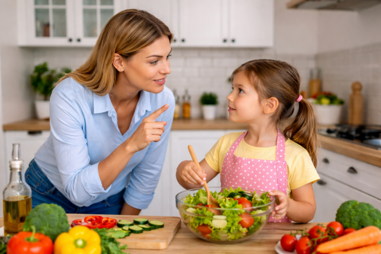 child helping prepare food safely with parent in kitchen