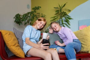 Teen babysitter engaging with child, showing care and trust