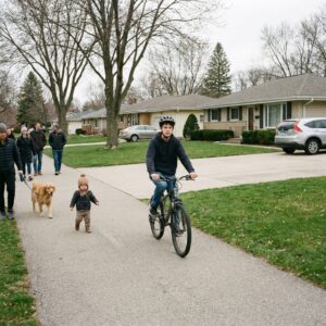A busy shared path with walkers, a dog and a small child wandering across it, a teenage rider approaching slowly.