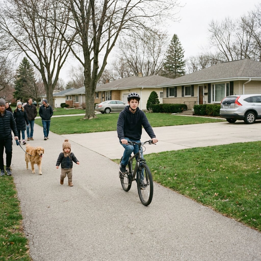 A busy shared path with walkers, a dog and a small child wandering across it, a teenage rider approaching slowly.
