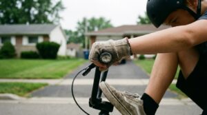 A close view of a teenage rider's hand on the handlebar grip beside a thumb throttle, foot resting on a pedal.