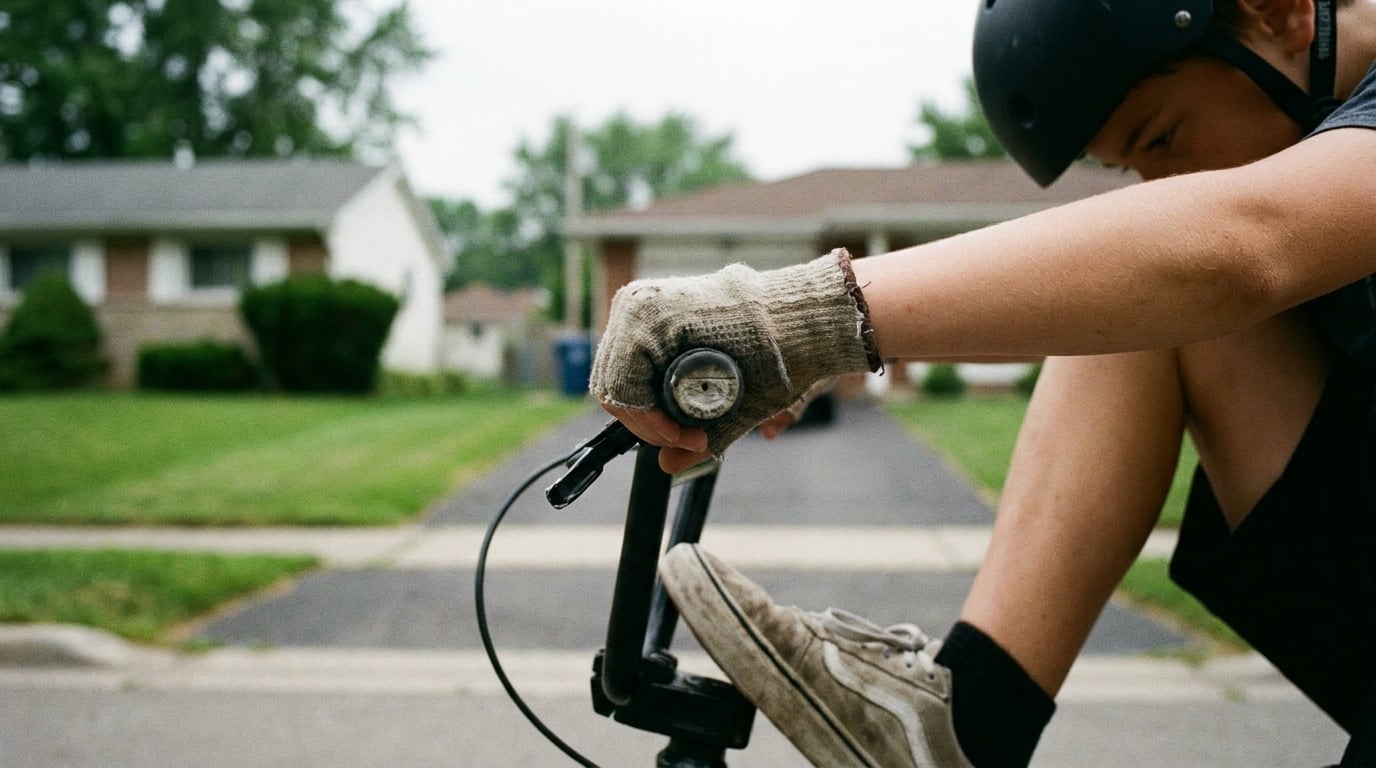 A close view of a teenage rider's hand on the handlebar grip beside a thumb throttle, foot resting on a pedal.