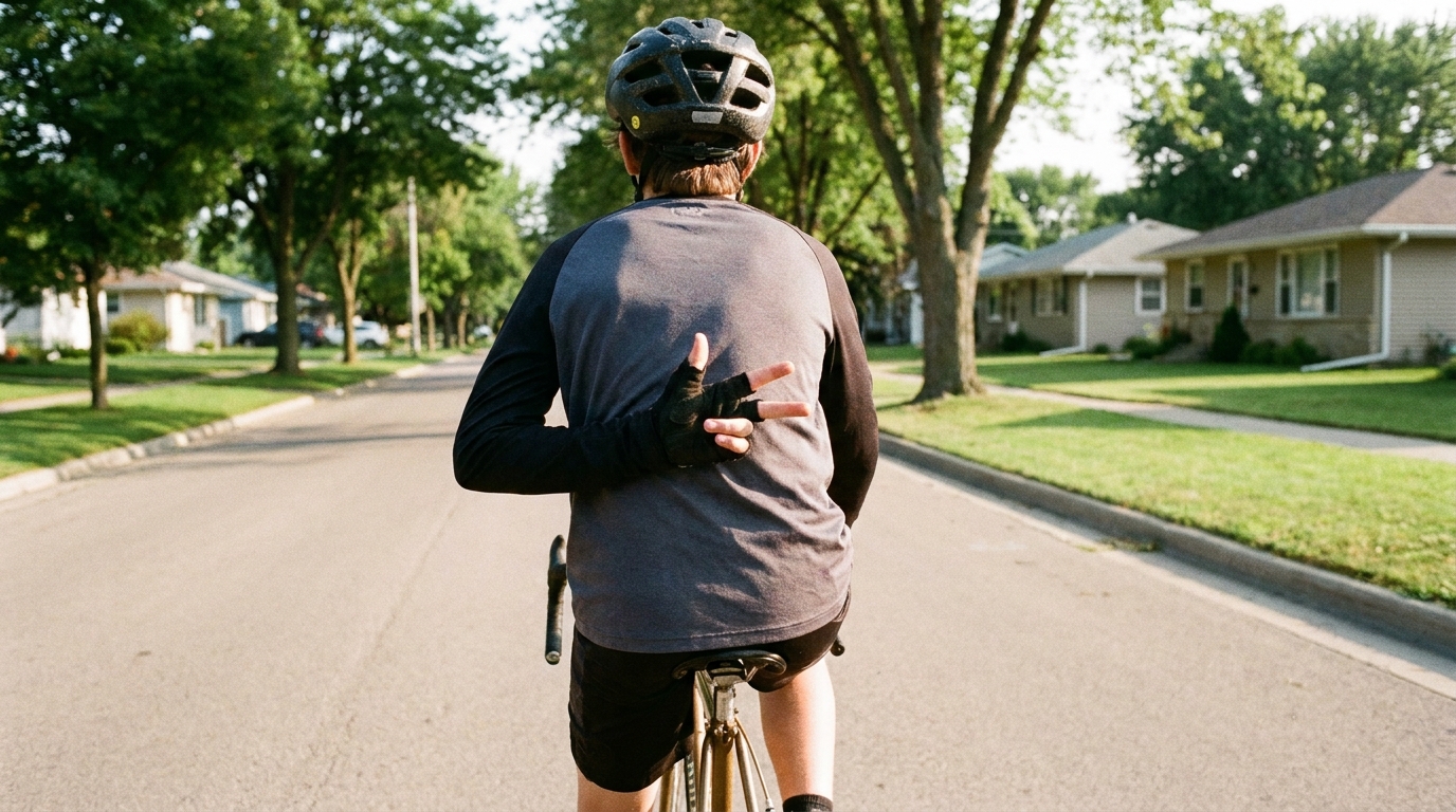 A close view of a teenage rider's hand held up behind their back showing three fingers while riding.