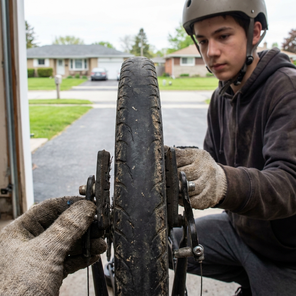 A close view of a worn bicycle tire and brake pad on a bike stood in a garage.