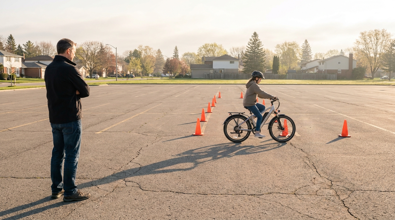 A father watching his daughter ride an e-bike between practice cones in an empty parking lot