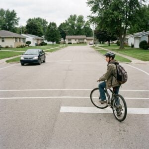 A four way suburban intersection with a teenage rider waiting at the line and a car arriving from the left.