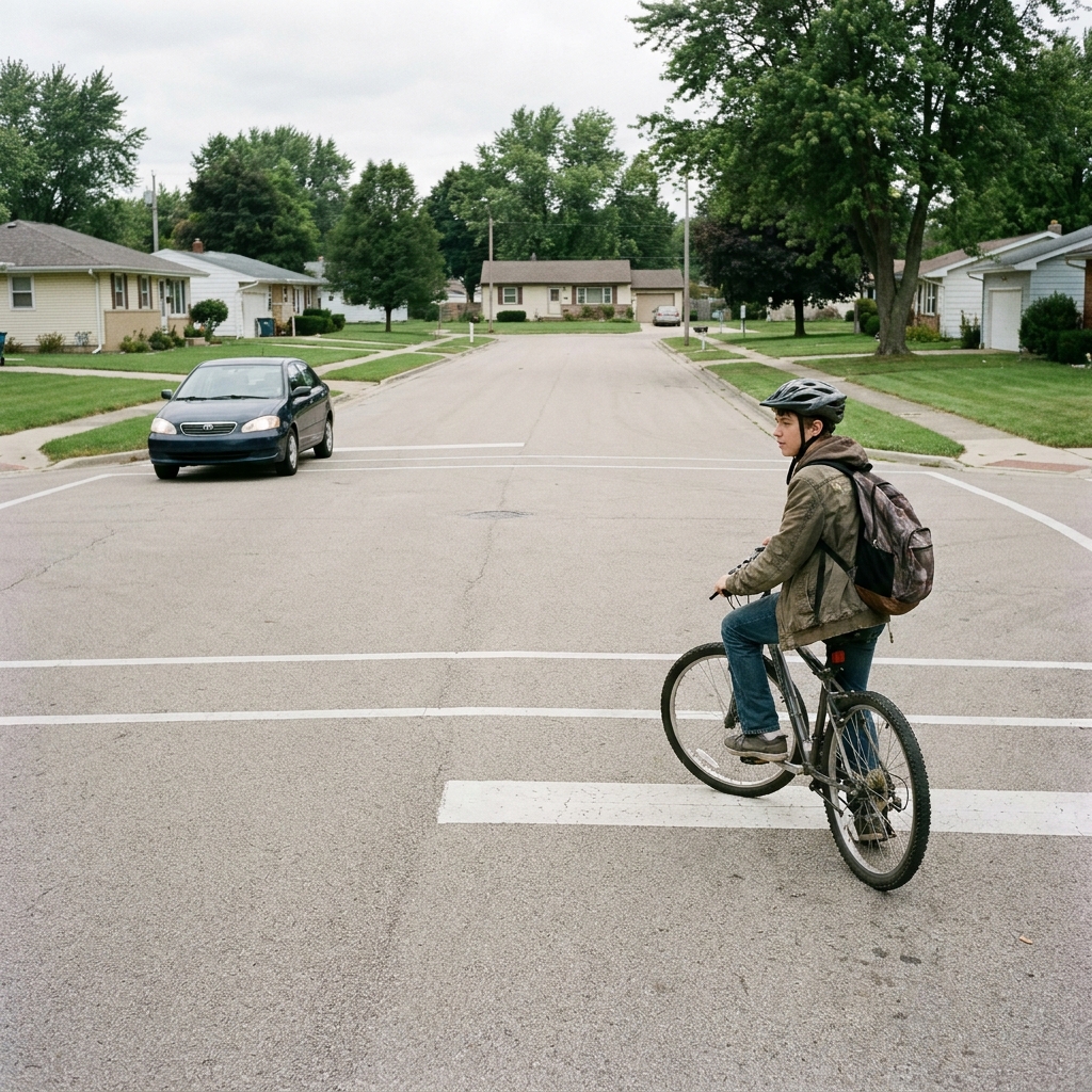 A four way suburban intersection with a teenage rider waiting at the line and a car arriving from the left.