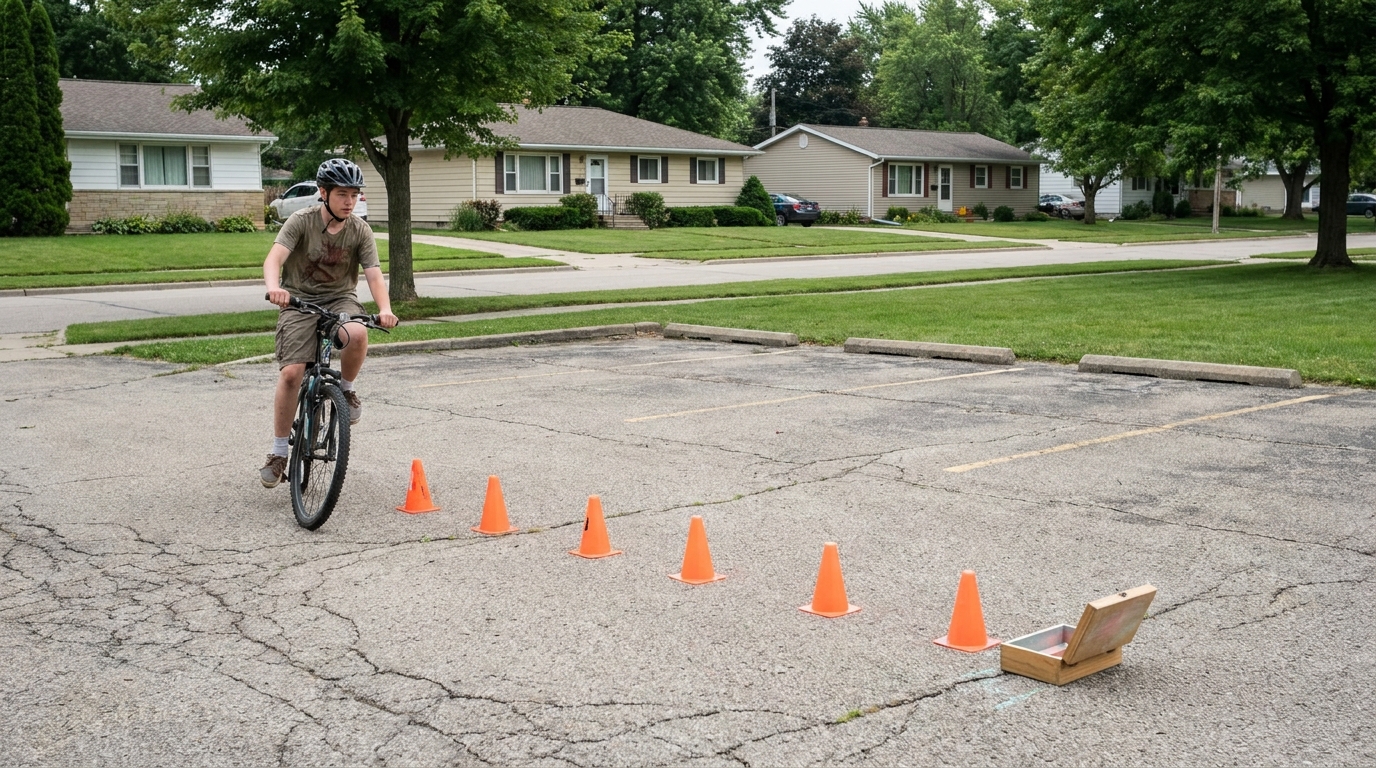 A line of six markers spaced down an empty parking lot with a chalk box at the far end and a rider weaving through.