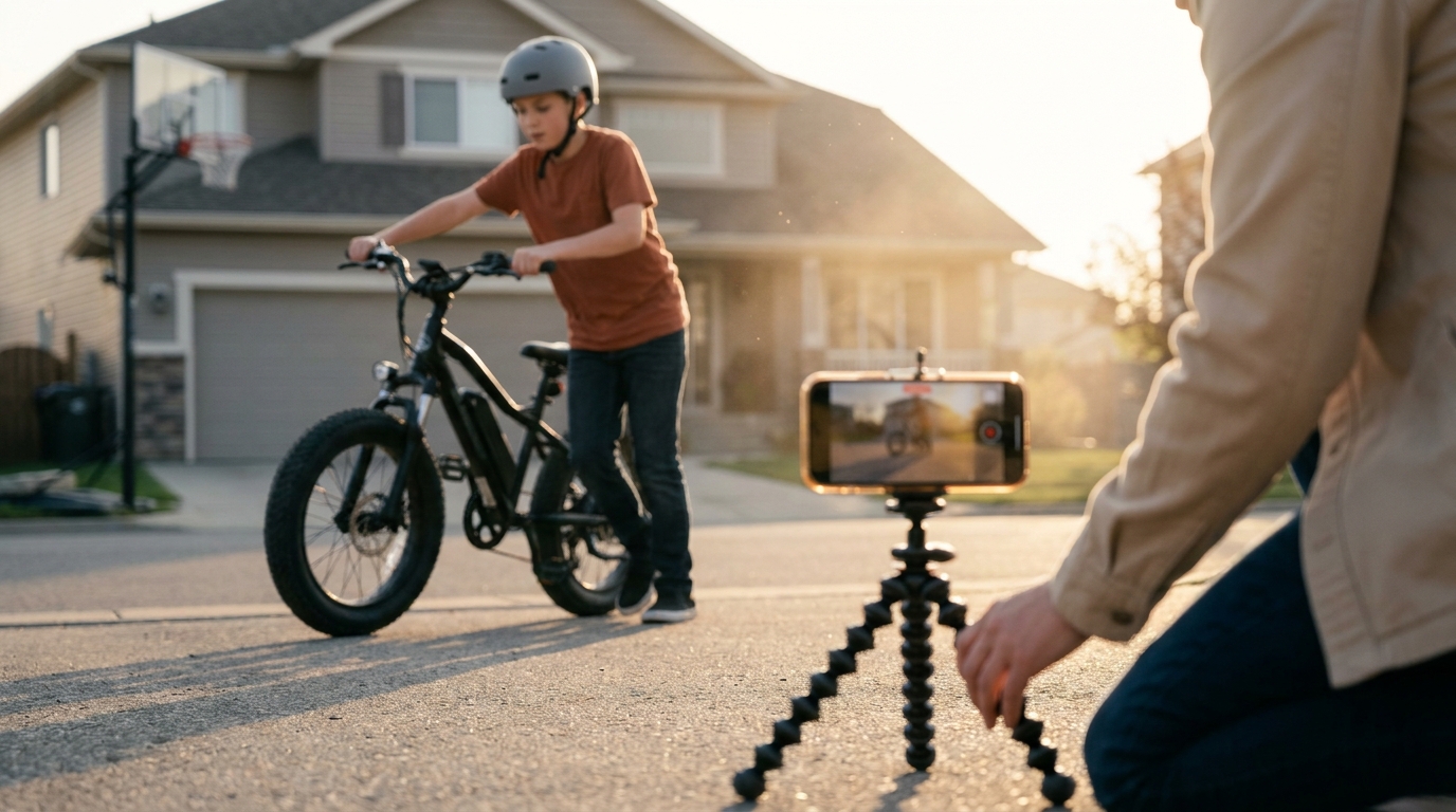 A phone on a tripod recording a boy wheeling an e-bike up a driveway