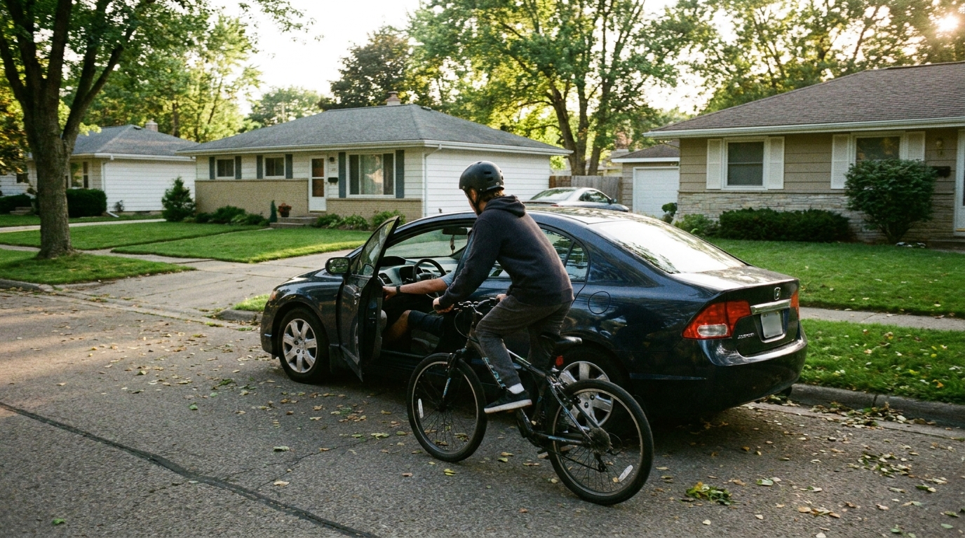 A rider accelerating alongside a parked car whose door is swinging outwards ahead of them.