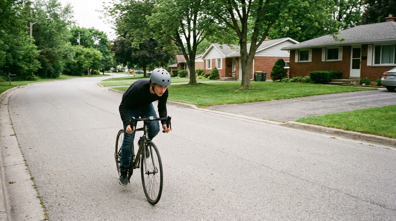 A rider accelerating hard along an open stretch with a blind bend coming up.