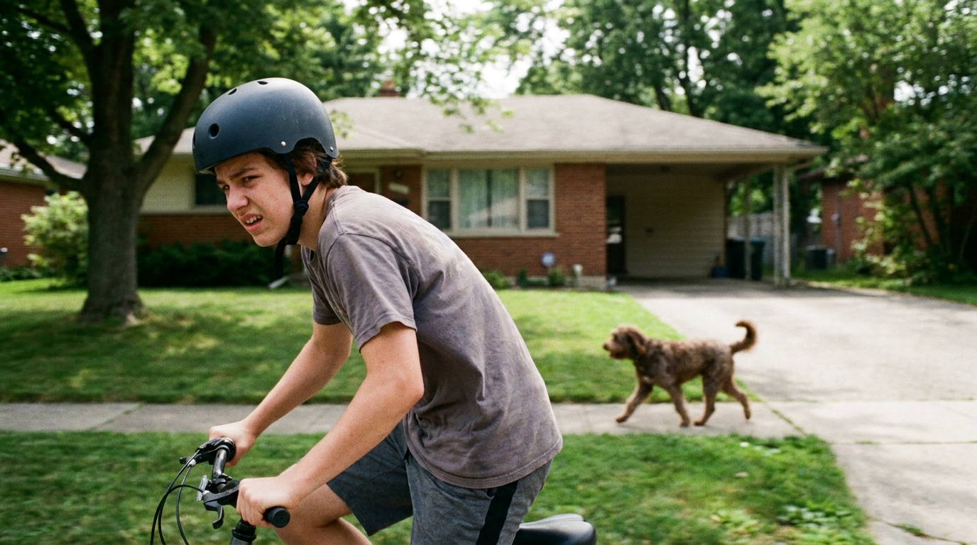 A rider accelerating hard down a street looking back over their shoulder at a running dog.