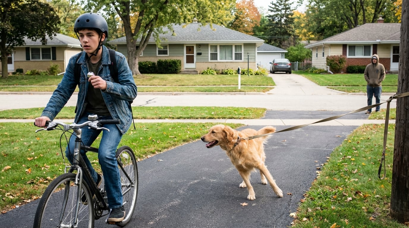 A rider approaching at speed ringing a bell with a dog on a long lead still stretched across the path.