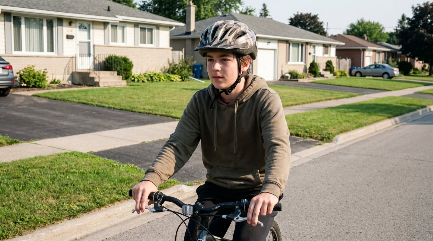 A rider at a steady, moderate pace on the same path with fingers already covering both brake levers.
