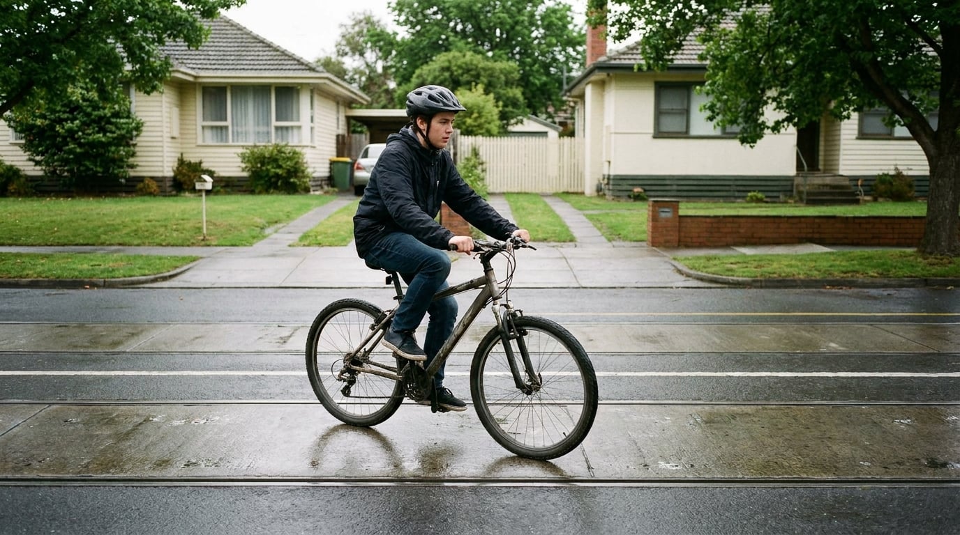 A rider braking hard right at the edge of wet rails with the machine still leaning slightly.