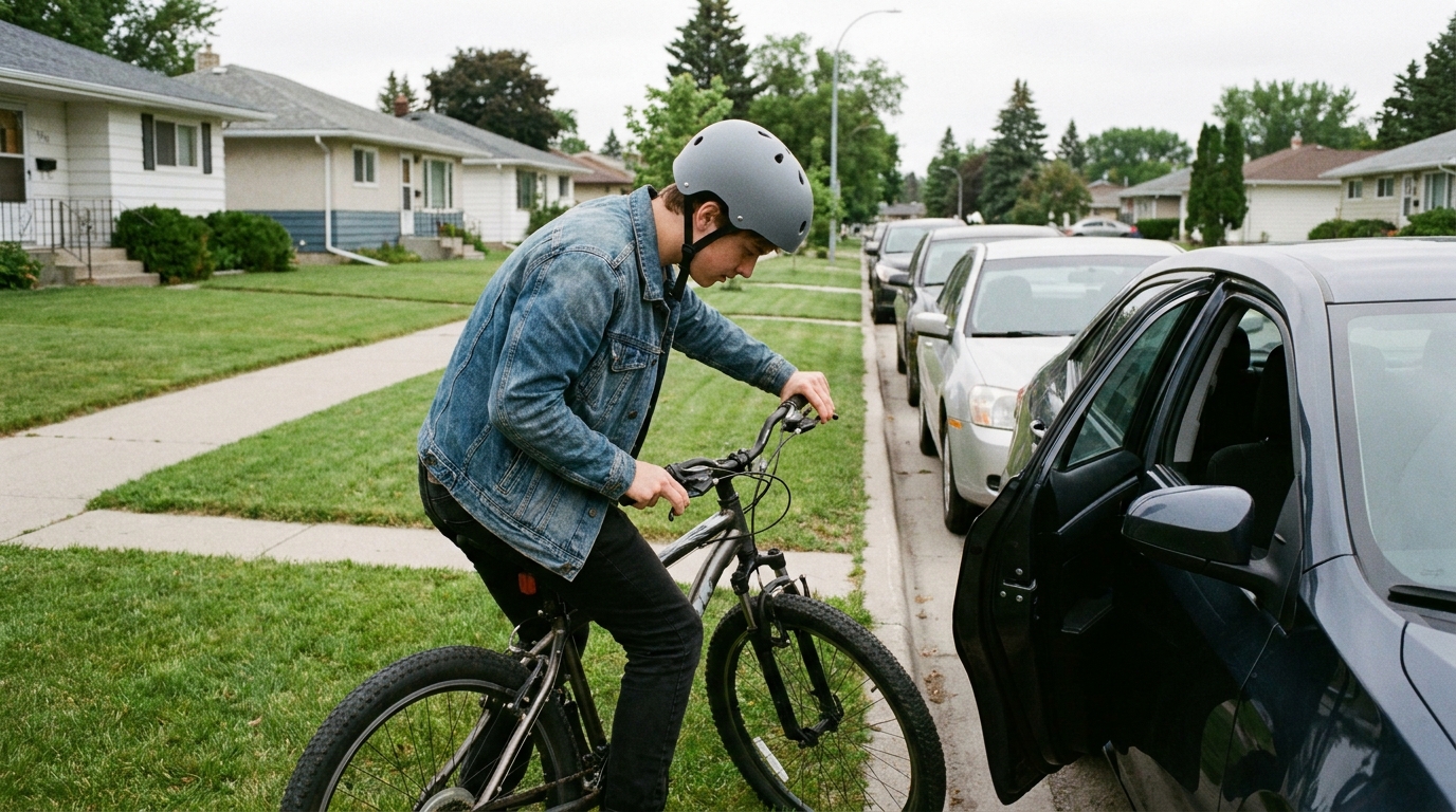 A rider braking hard upright in line with the parked row, stopping short of a half-open door.