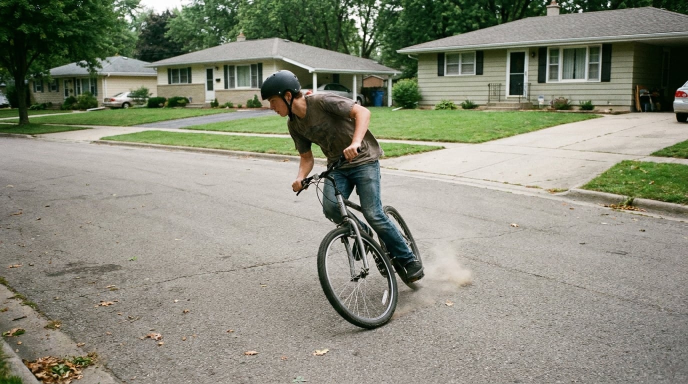 A rider braking hard while still leaning through a corner with the rear wheel starting to step sideways.
