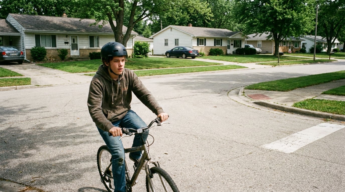 A rider carrying speed towards an intersection looking left and right.