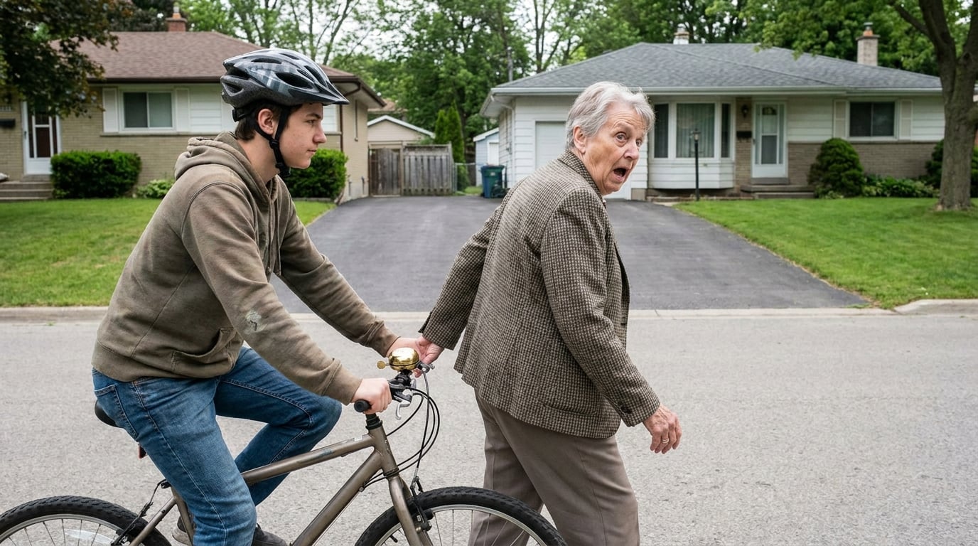 A rider close behind a walker ringing a bell repeatedly with the walker glancing back looking startled.