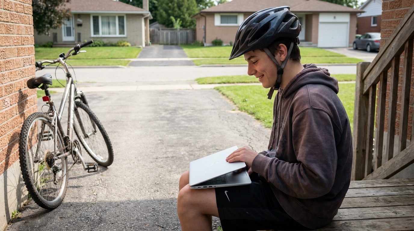 A rider closing a laptop with a satisfied look, a machine leaning against the wall behind them.
