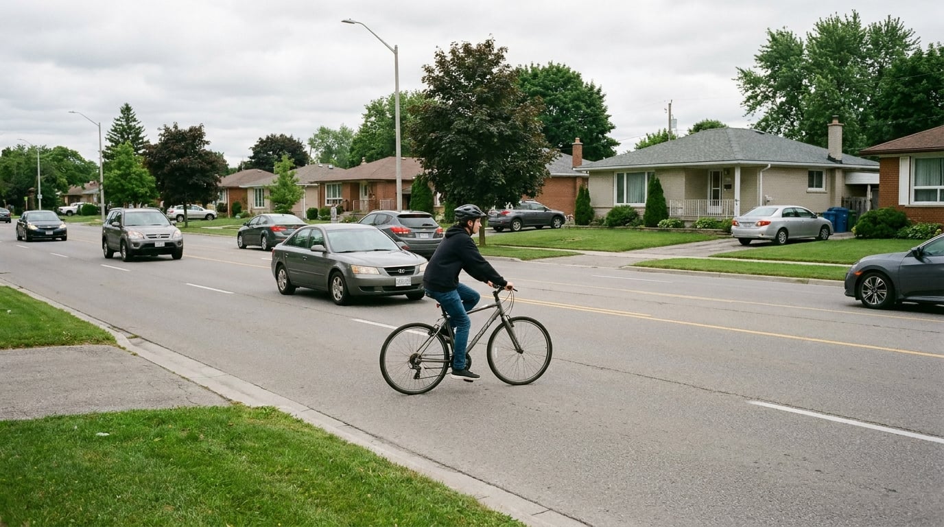 A rider crossing several lanes of moving traffic towards a left-turn lane with cars either side.