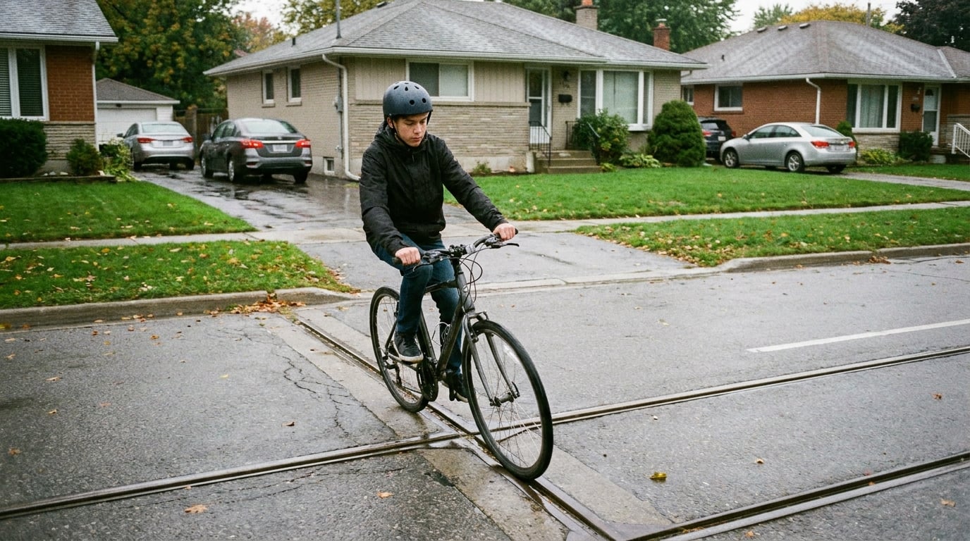 A rider crossing wet rails at a shallow angle with the front wheel running close to the groove.