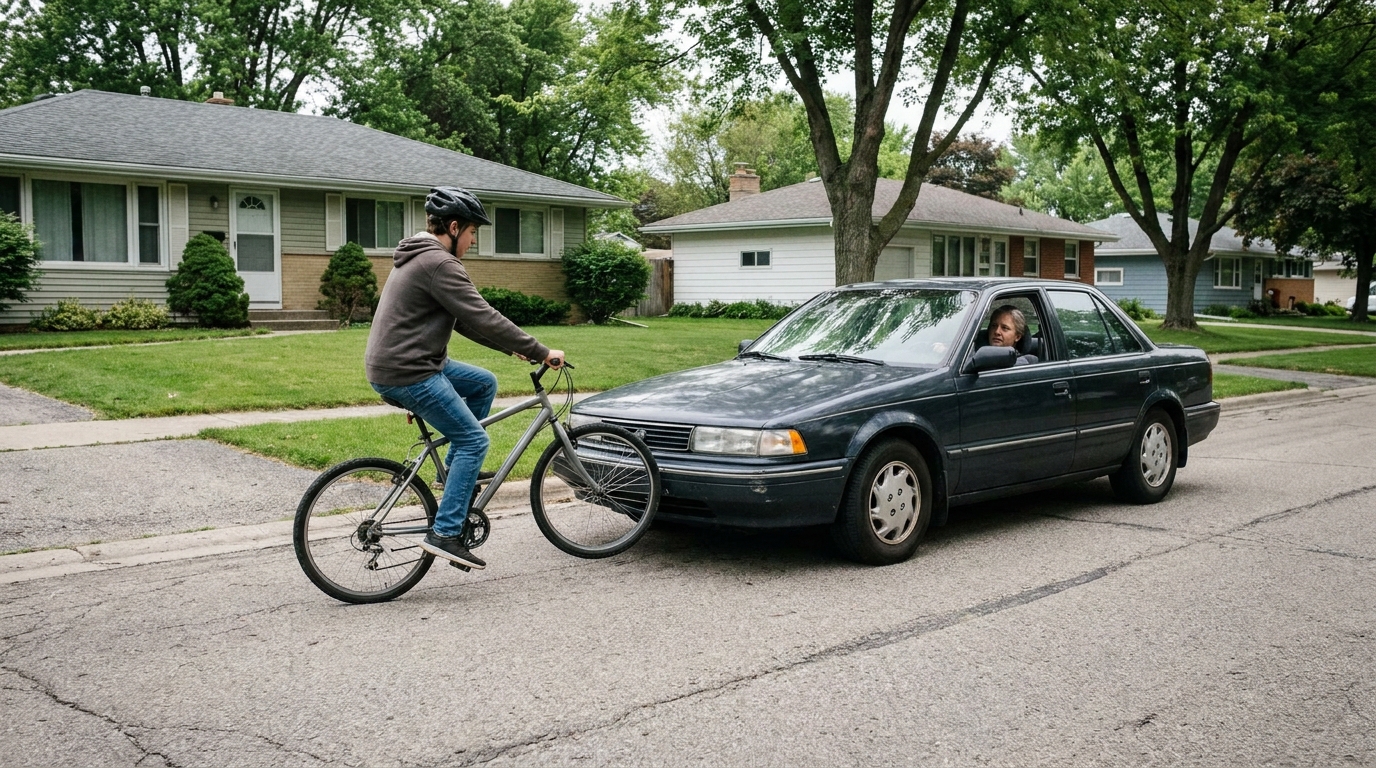 A rider flicking the front wheel to pass close in front of a car emerging from a driveway.