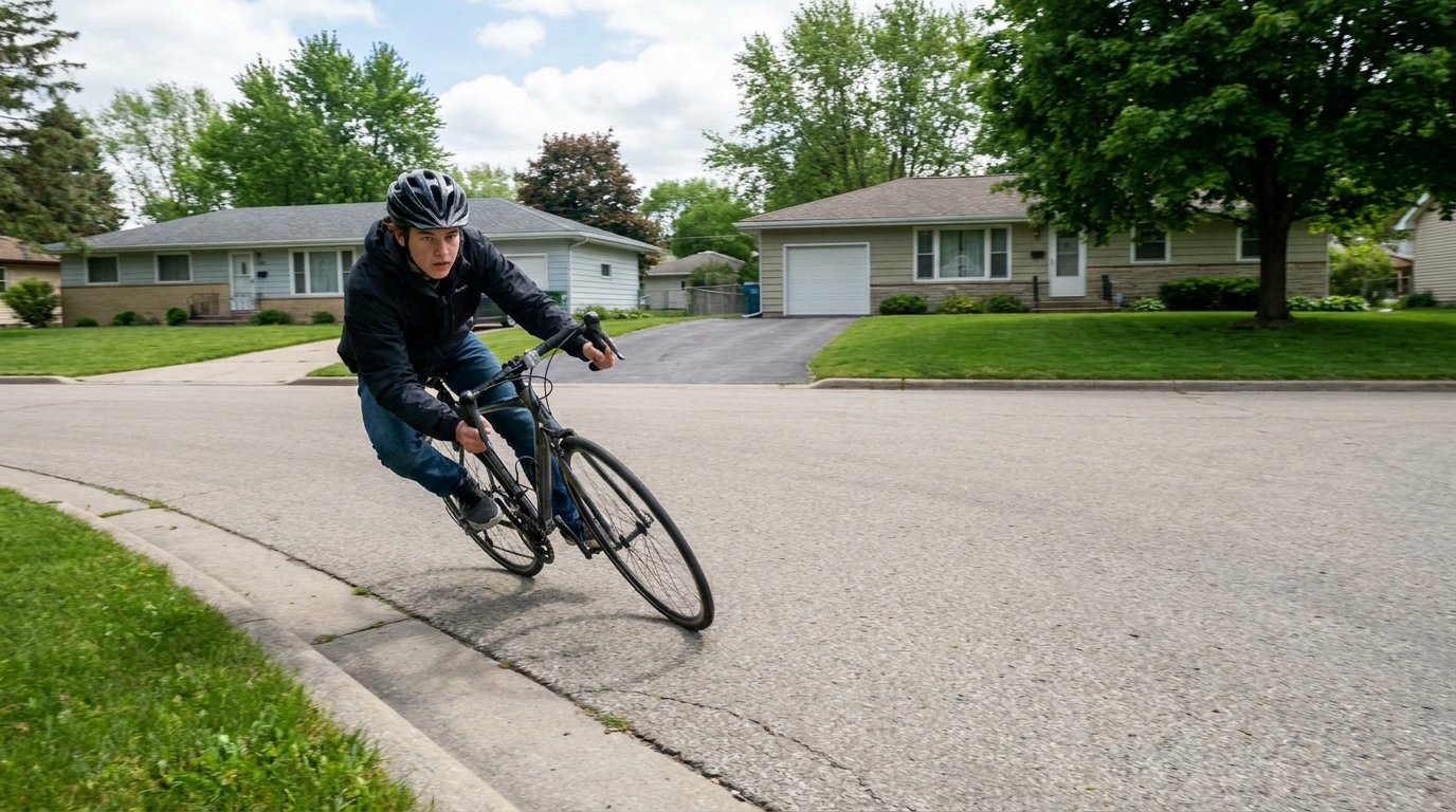 A rider leaning further into a corner at speed on a road surface with a gutter seam visible.