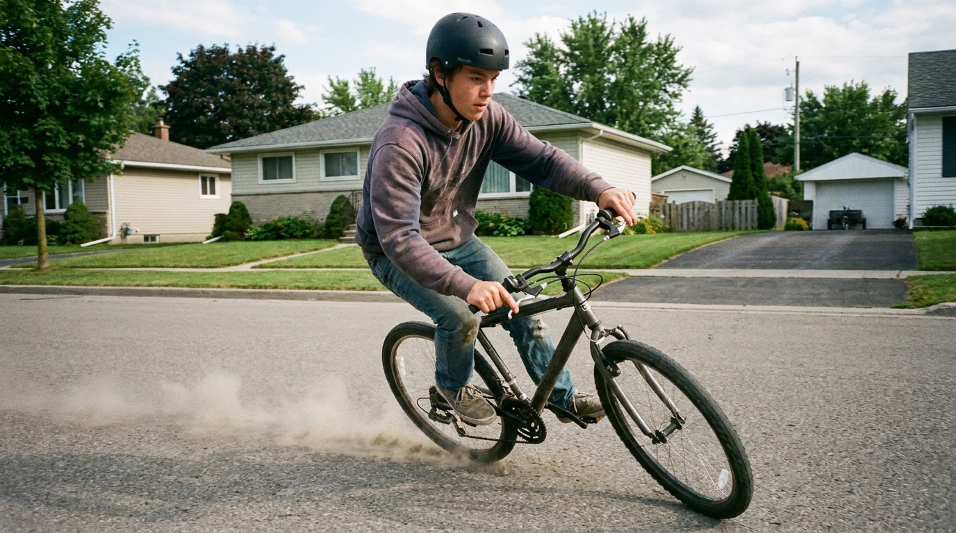 A rider leaning into a swerve with both brake levers pulled and the rear wheel sliding.