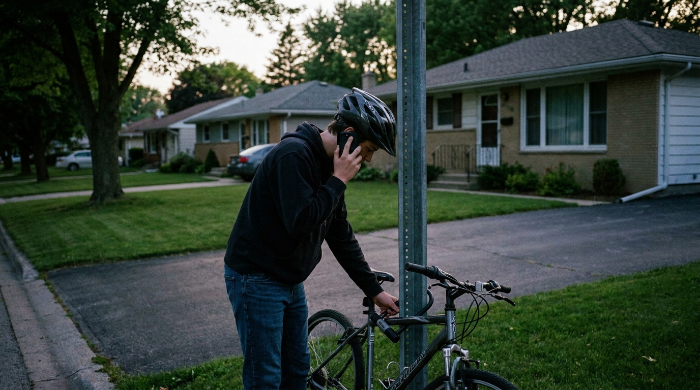 A rider locking a machine outside a house at dusk with a phone to their ear.
