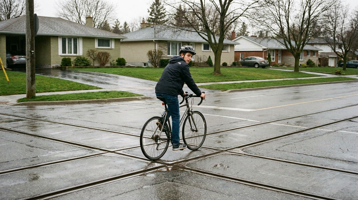 A rider looking behind, moving out to change angle, and crossing wet rails close to a right angle with the machine upright.