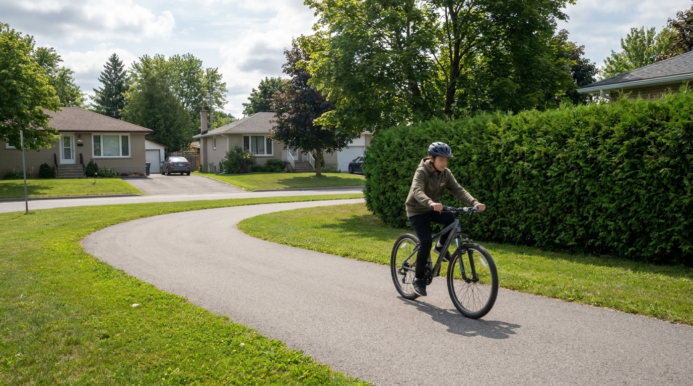 A rider moving quickly along an empty stretch of paved path with a bend and a hedge ahead.