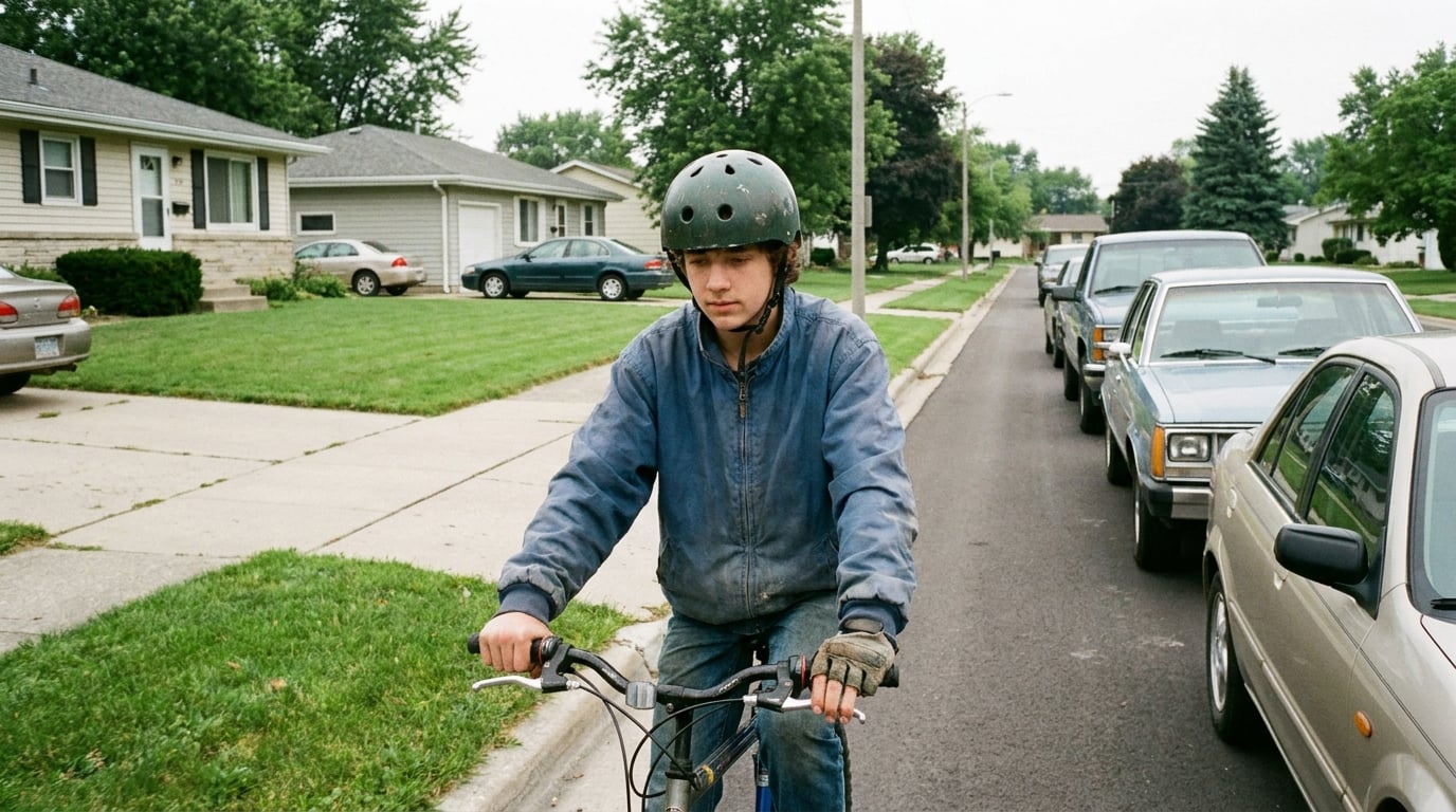 A rider moving slowly along a narrow bike lane close to a parked row with a hand covering a brake lever.