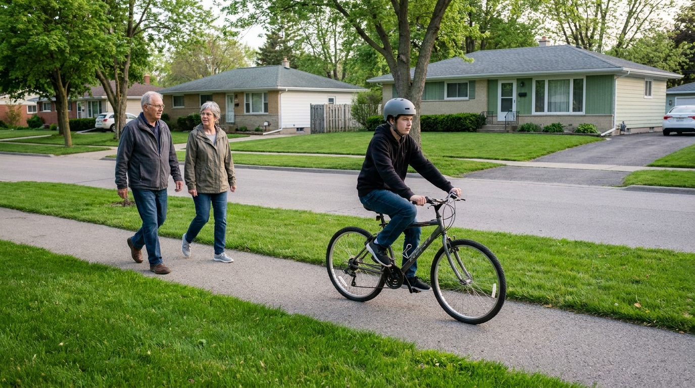 A rider passing two walkers on the right-hand side of a path with grass at the edge.