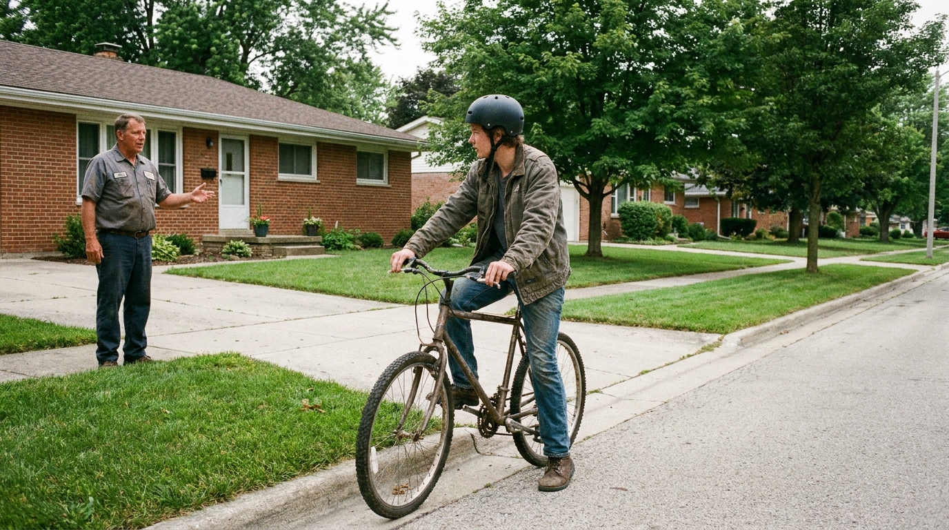 A rider pulled over at the curb listening to somebody talking to them from a driveway.