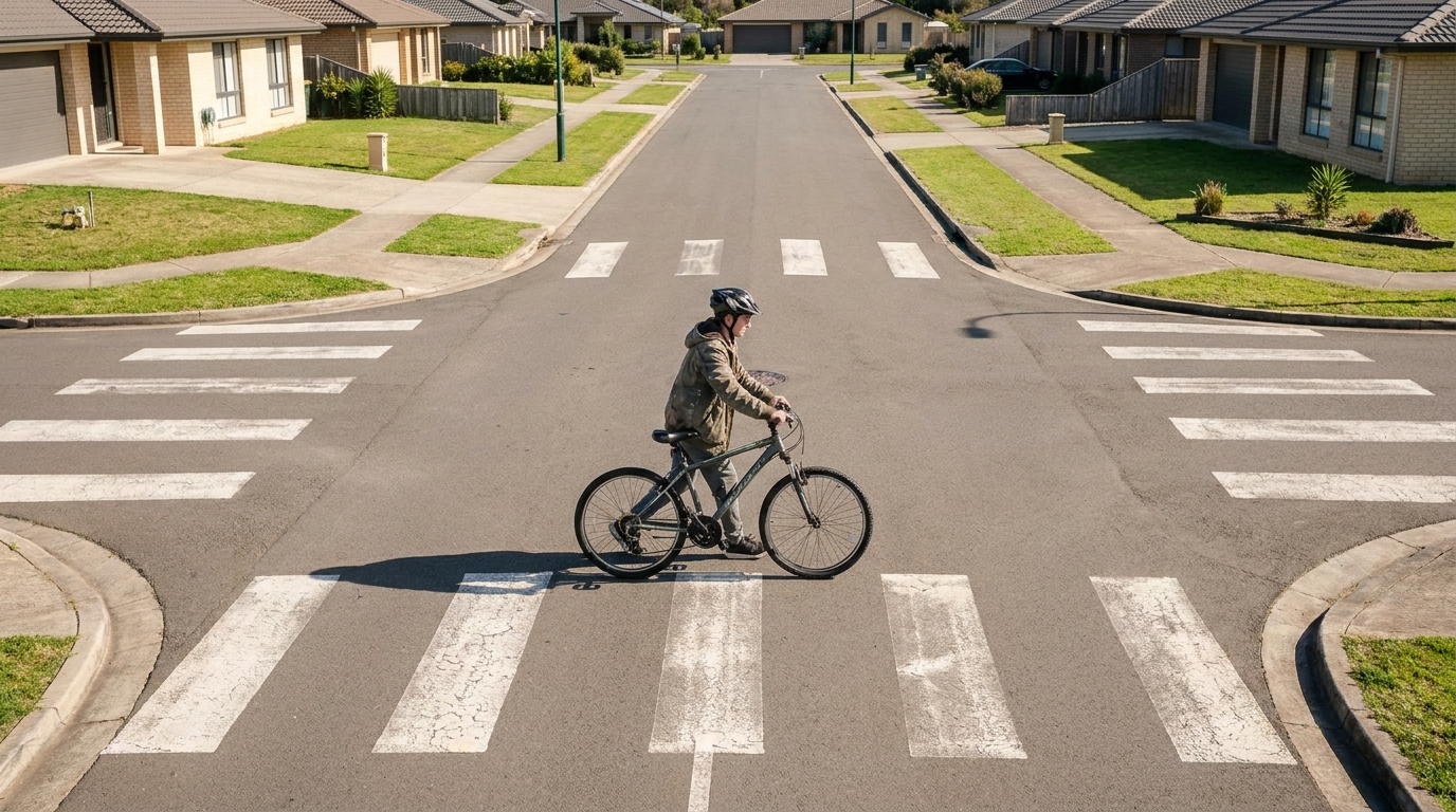 A rider pushing a machine across two pedestrian crossings at a busy intersection.