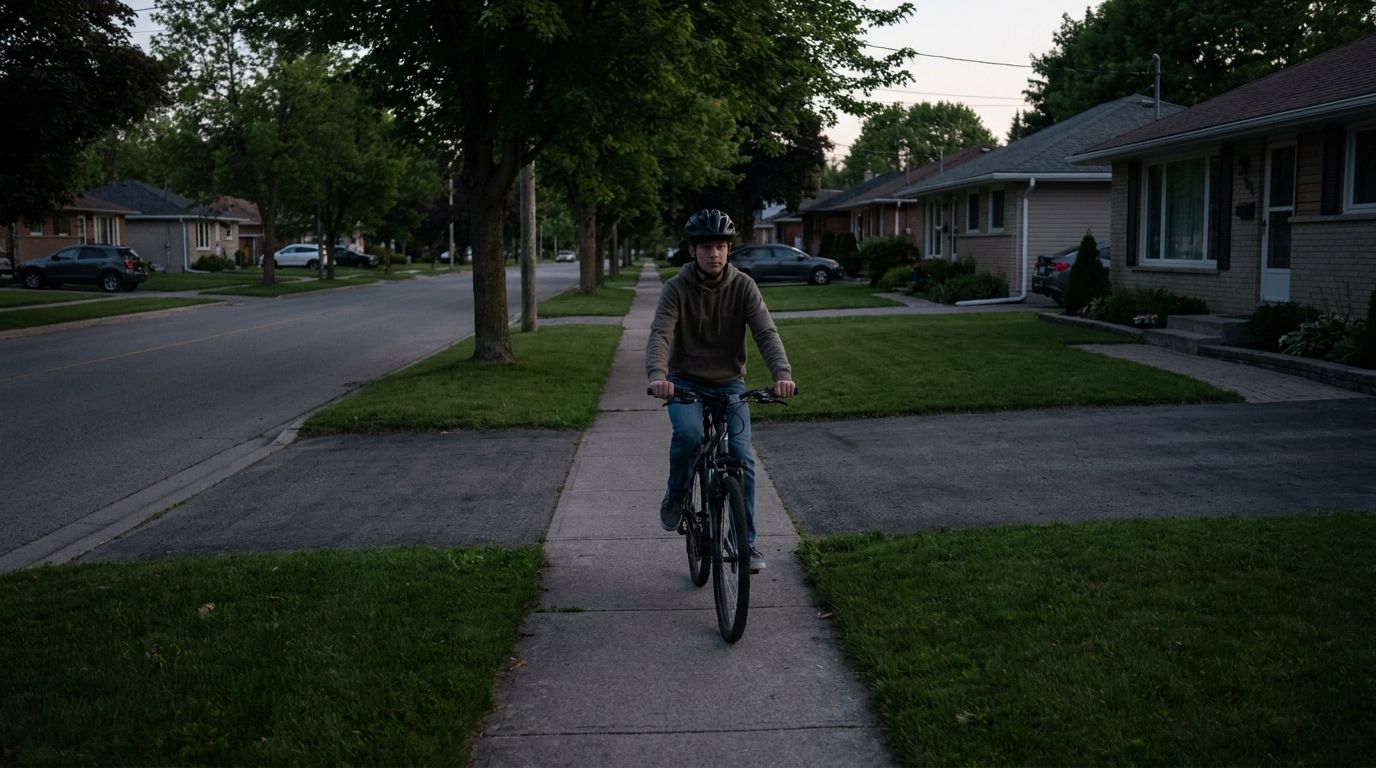 A rider riding along a dim sidewalk at dusk past driveways with a road alongside.