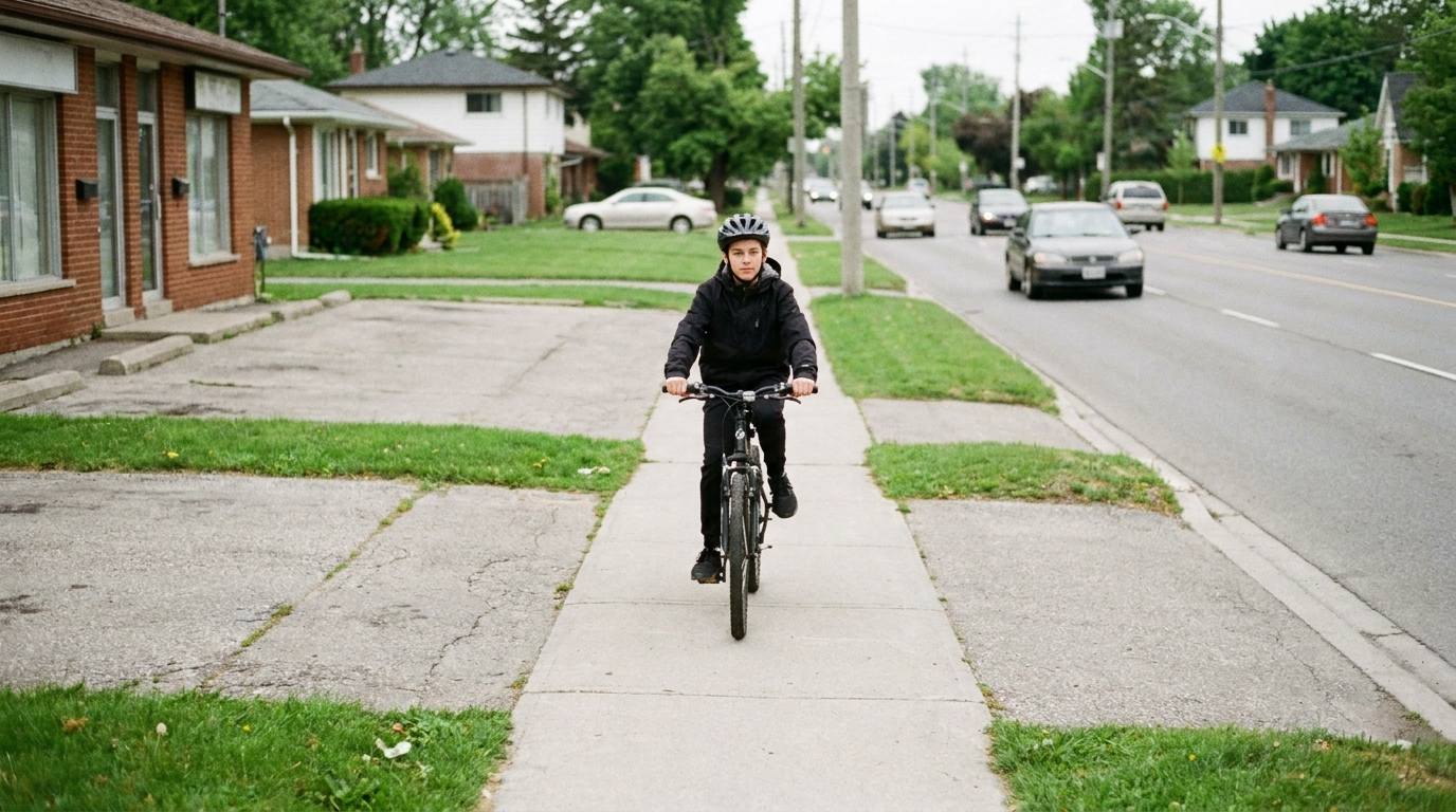 A rider riding along a sidewalk past driveways and shop entrances with a busy road alongside.
