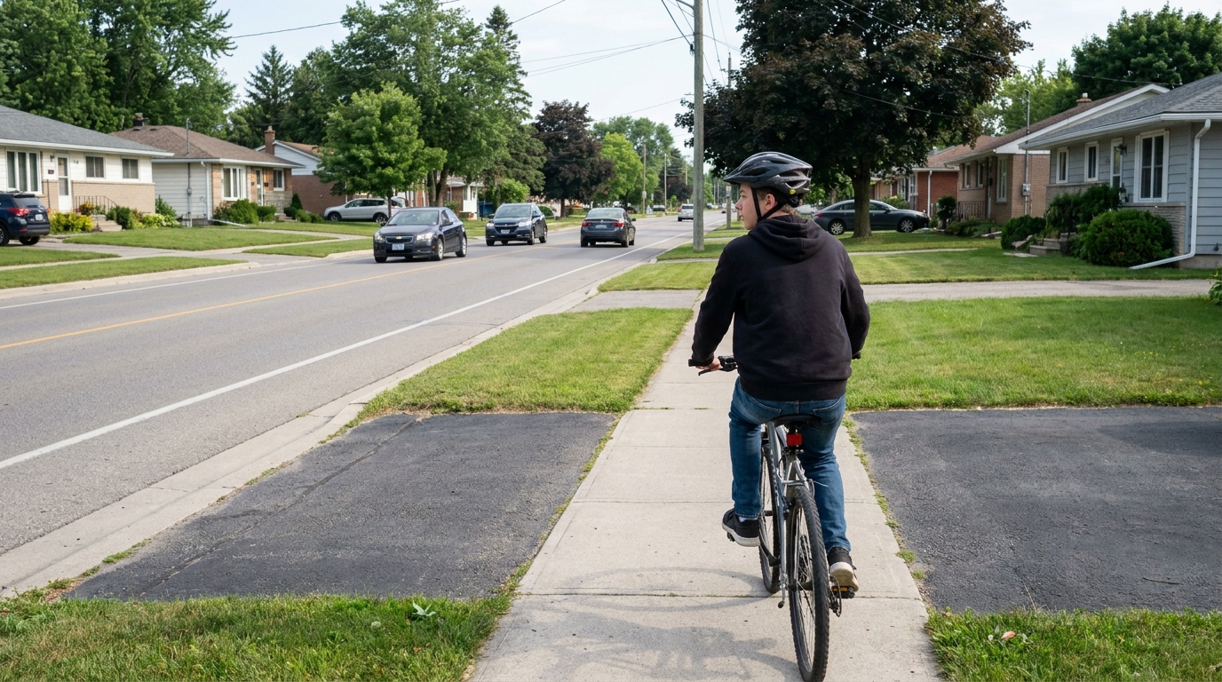 A rider riding along a sidewalk facing oncoming traffic on the road beside them.