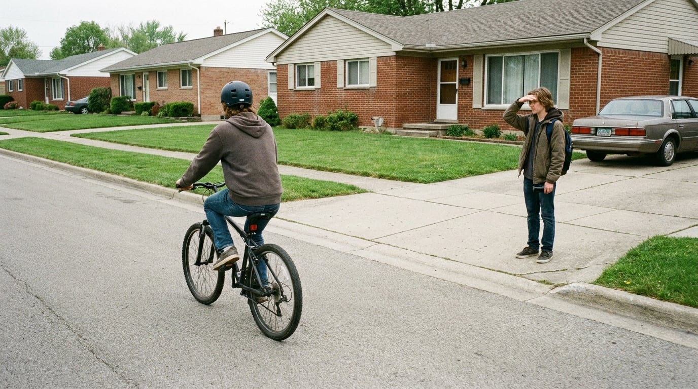 A rider riding away down a street while a friend watches from a driveway.