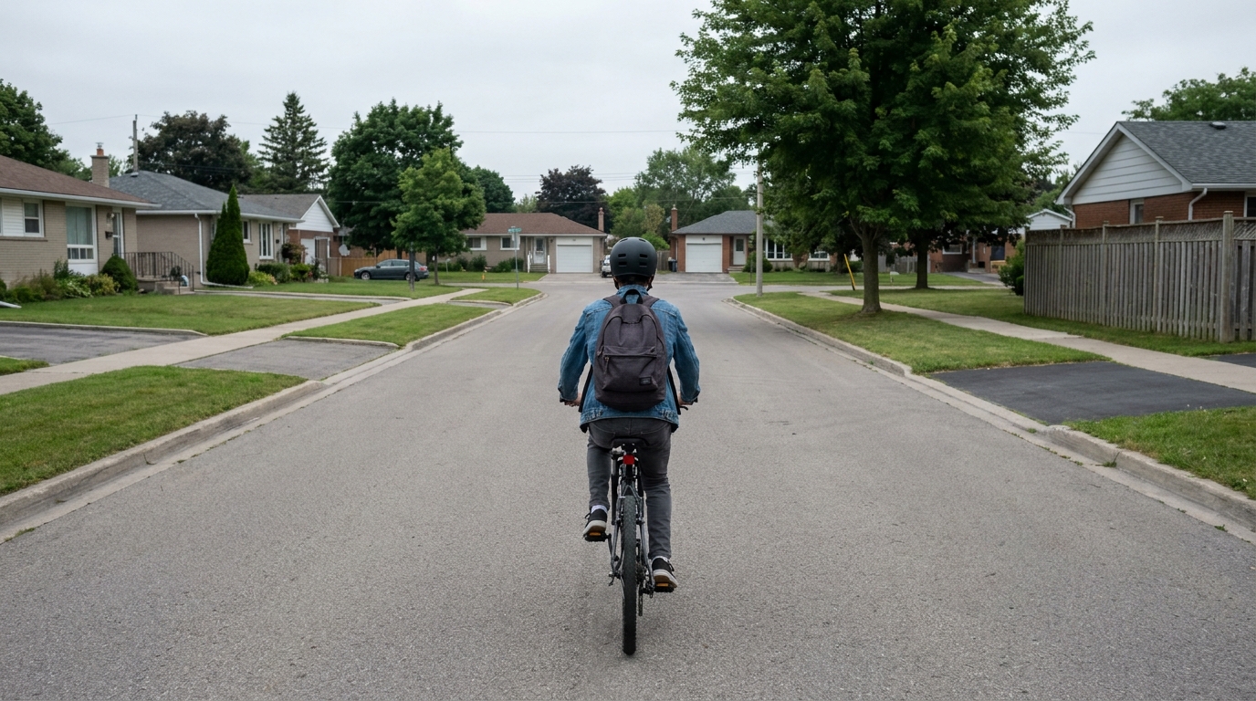A rider riding away down the middle of the road without looking back.