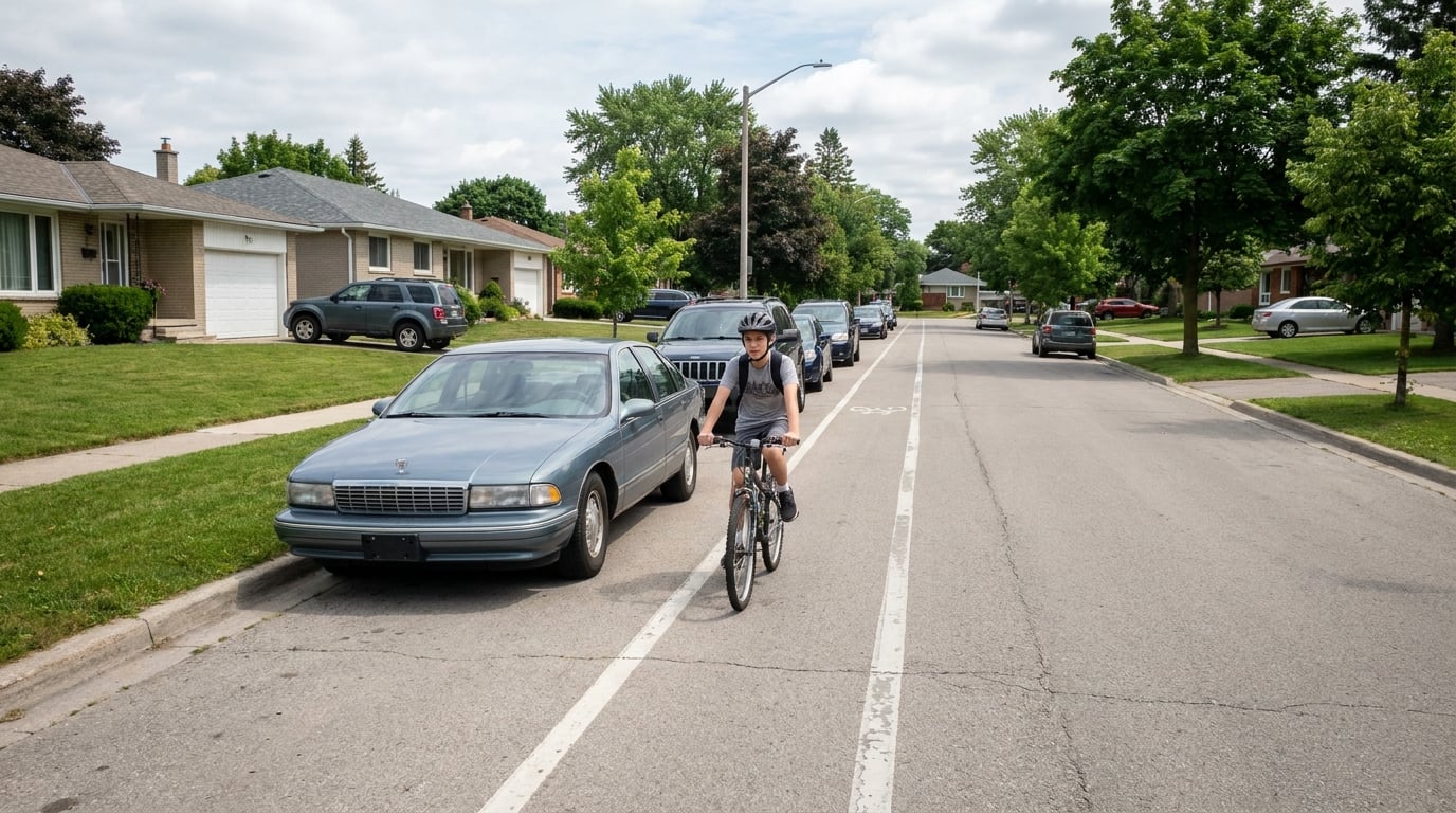 A rider riding inside a painted bike lane that runs directly alongside a row of parked cars with no buffer.