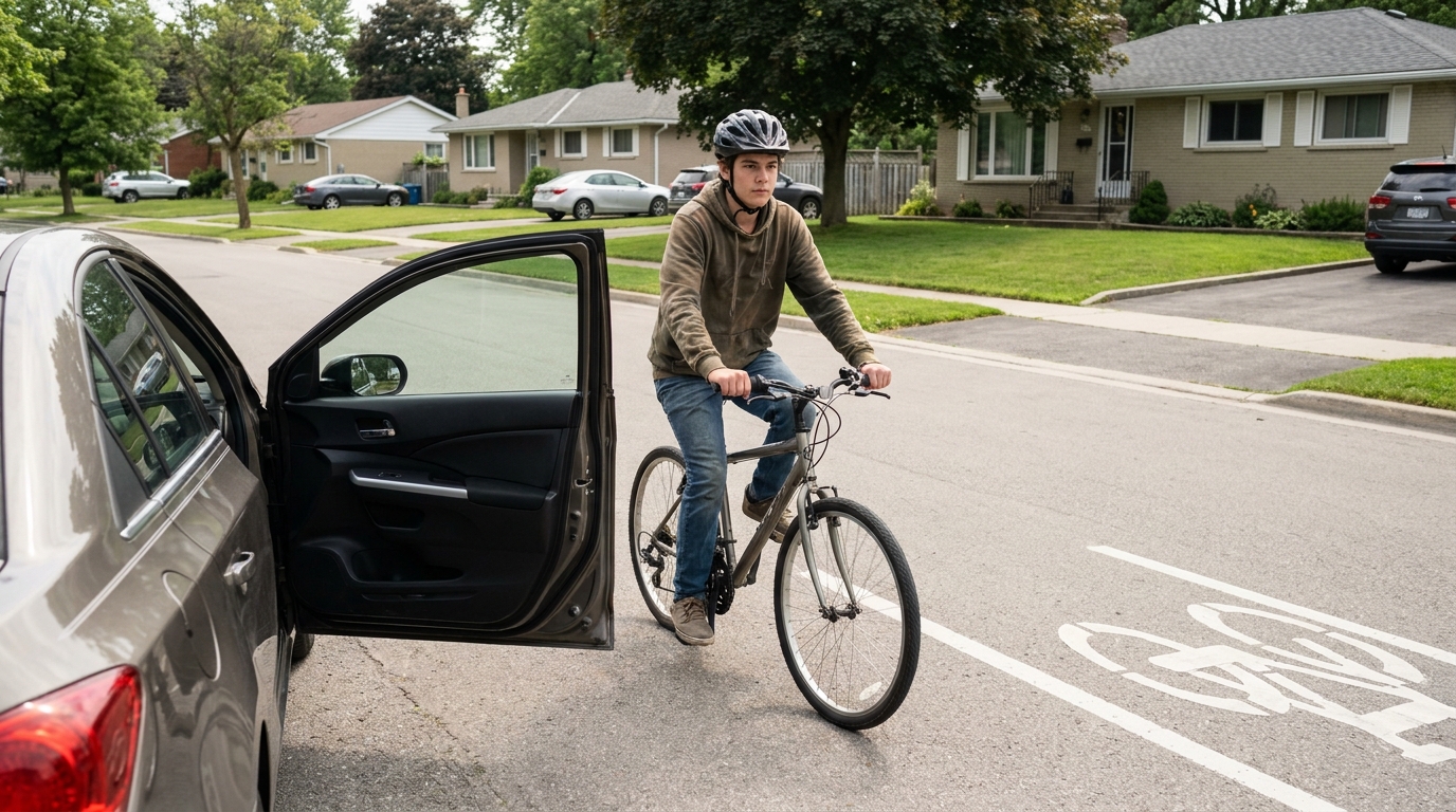 A rider riding just outside the tip of a car door's reach, with the painted lane visible to their right.