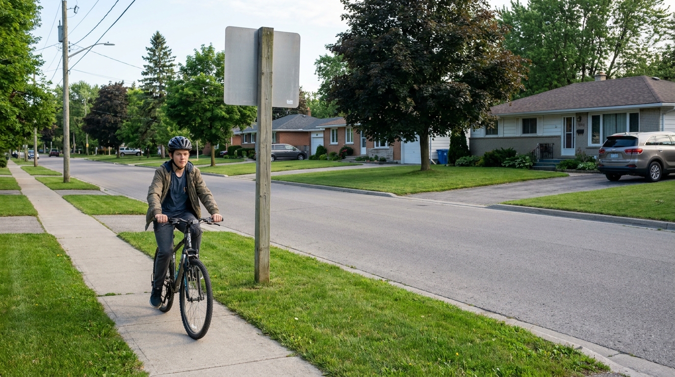 A rider riding on the road past a stretch of sidewalk, with a town boundary sign behind them.