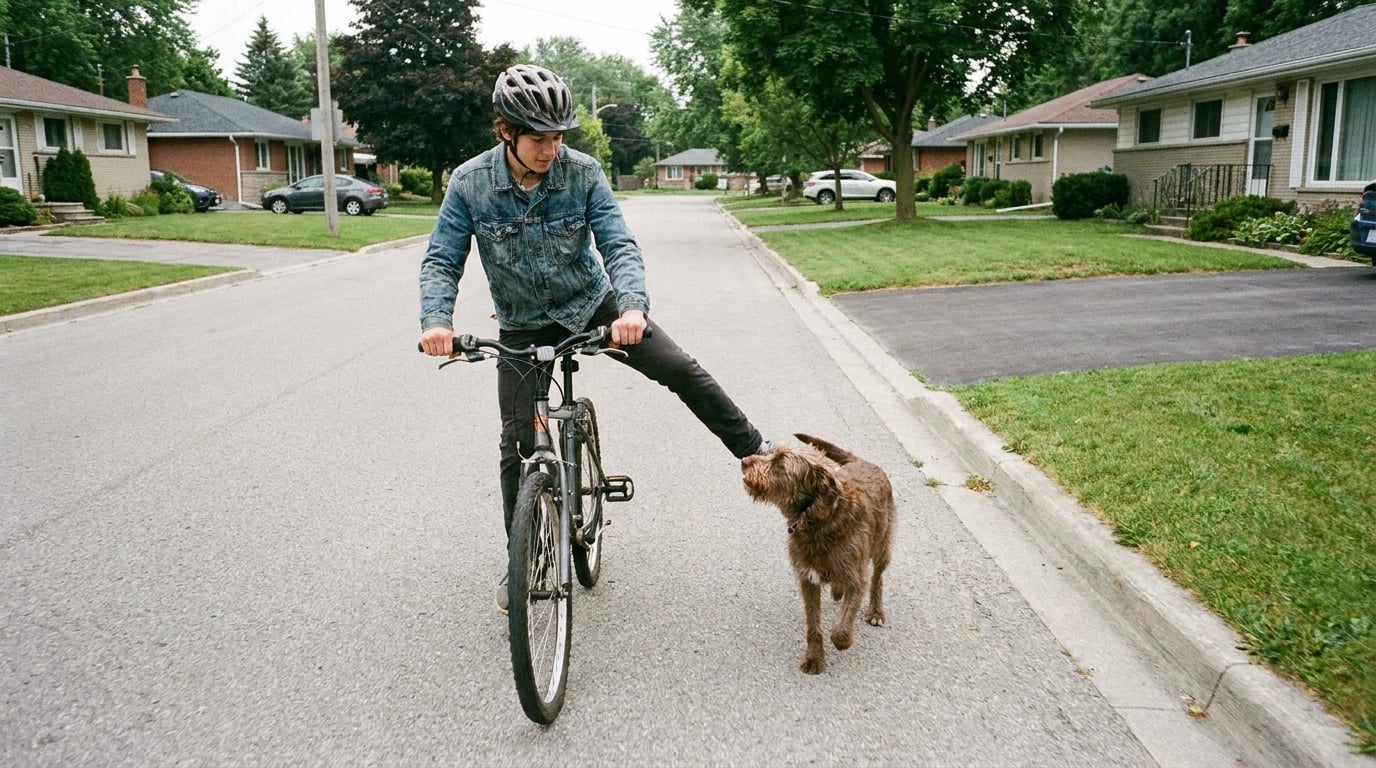 A rider riding on with one leg out sideways towards a dog alongside the cranks.