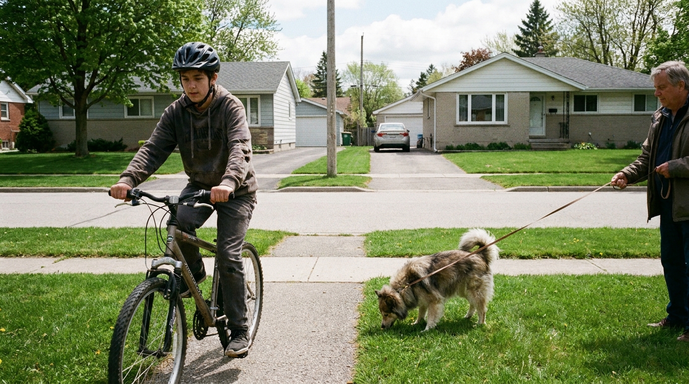 A rider riding through the gap between a walker and a dog on an extended lead stretched across a path.