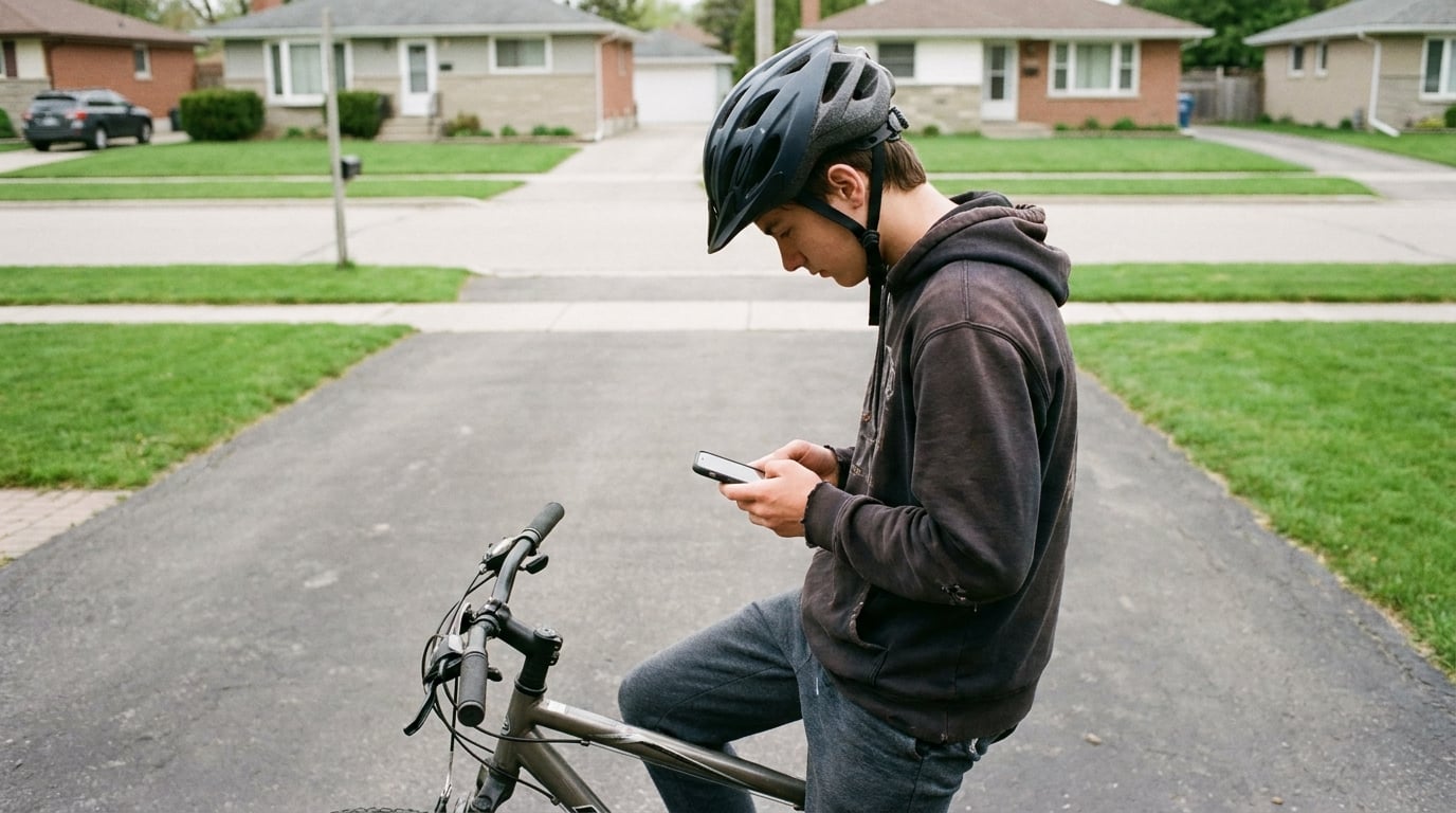 A rider scrolling to the bottom of a page looking for a last-updated line, with a code section open in a second tab.