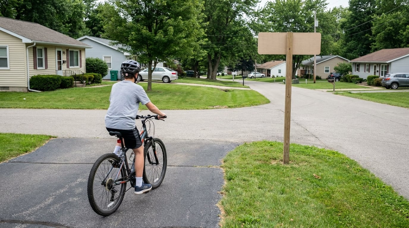 A rider setting off along a residential street with a town boundary sign visible ahead.