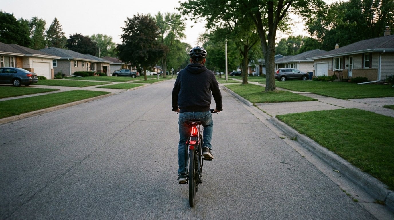 A rider setting off at dusk with a red light flashing on the back of the machine and nothing on the front.